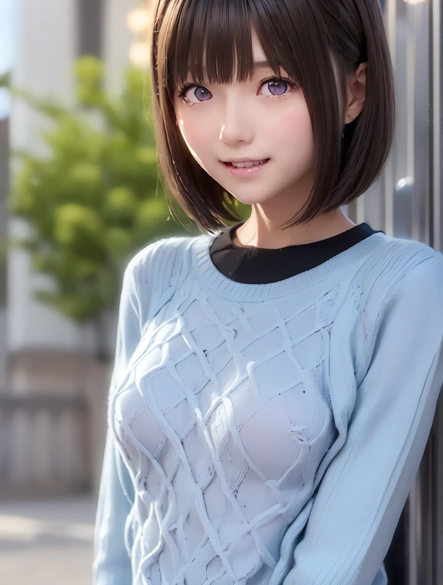  high definition ,In 8K, best quality, Details,Semi-realistic anime,3D anime style, Smooth Anime CG , one girl ,19 year old Japanese woman,slim,Modeling,(( very short straight hair )), (( two block skin fade hair )),(( Very Short)), Pink gloss,  black to blonde gradation mixed hair, Detailsな顔,Beautiful and  Details, pubic skin,((Deep blue-purple glowing eyes)),( smaller breasts),((Shut your mouth.),((Smile)),((Line up at the bus stop )),(( and look at you beside me )),(( rhombus pattern winter clothes sweater )),(( light blue and black rhombus pattern ))