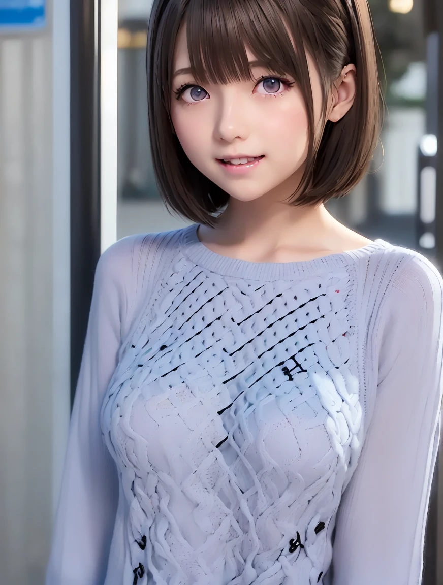  high definition ,In 8K, best quality, Details,Semi-realistic anime,3D anime style, Smooth Anime CG , one girl ,19 year old Japanese woman,slim,Modeling,(( very short straight hair )), (( two block skin fade hair )),(( Very Short)), Pink gloss,  black to blonde gradation mixed hair, Detailsな顔,Beautiful and  Details, pubic skin,((Deep blue-purple glowing eyes)),( smaller breasts),((Shut your mouth.),((Smile)),((Line up at the bus stop )),(( and look at you beside me )),(( rhombus pattern winter clothes sweater )),(( light blue and black rhombus pattern ))