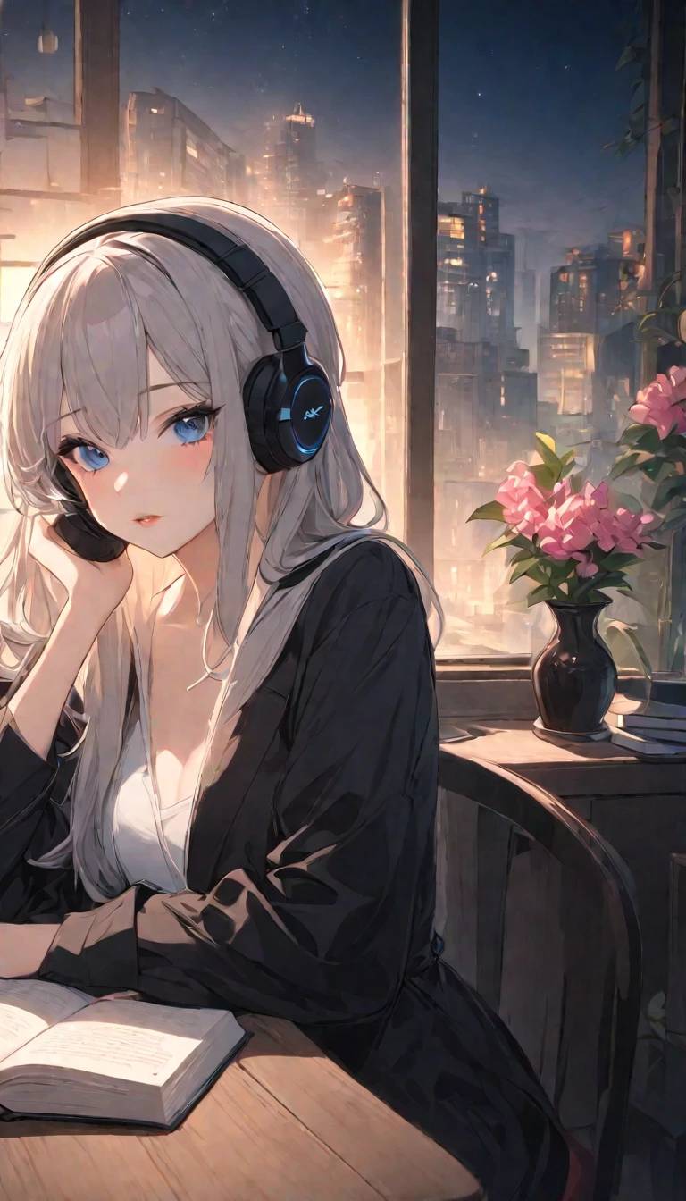 Anime girls wear headphones、sitting at a desk with a book, Anime Style 4k, Nightcore, Anime Art Wallpaper 4K ,  Anime Art Wallpaper 4K,  Anime Art Wallpaper 8K, 4k anime wallpaper, anime wallpaper 4k,  anime wallpaper 4k , Anime atmosphere,  Best Anime 4K Kona-chan Wallpaper , anime style aesthetics ,   Anime Moe Art Style ,  Relaxing Atmosphere ,Outside the window is a night city