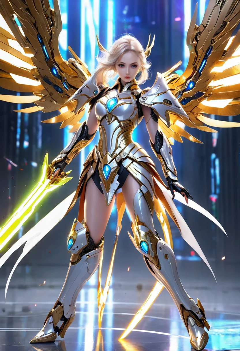 A beautiful evil android girl in light armor, high heels, energy wings, energy barrier, energy sword, high quality, masterpiece