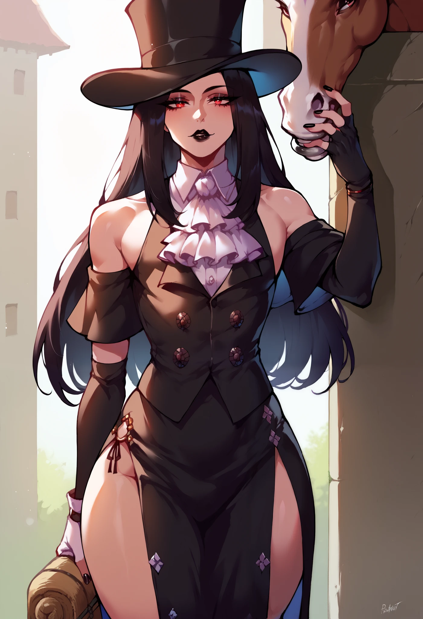 (score_9, score_8_up, seductive face, seductive expression, tall), ggtestament formal, androgynous male, black sleeves, detached sleeves, ascot, top hat, long black skirt, side slit, fingerless gloves, bare shoulders, black nails, black hair, puffy lips, wide hips, red eyes, petting white horse, black lips, village, soft lighting, shadow, Nyantcha style, source_anime, 