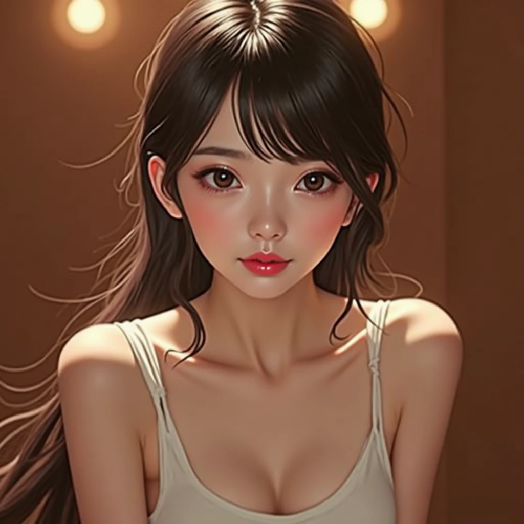 Real、Realistic、A young woman with long, wavy black hair, sitting outdoors on a balcony. She is wearing a light pink sleeveless top, with a soft expression and slightly parted lips. The background shows a cityscape with buildings, a road, and a clear blue sky. The lighting is natural, giving a warm and gentle tone to the image.”