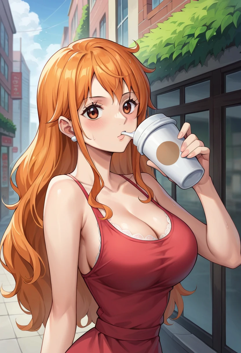 score_9, score_8_up, score_7_up, score_6_up, score_5_up, score_4_up, BREAK source_anime, city, outdoor, nami_post, orange hair, long hair, wavy hair, side locks, brown eyes, large breasts, cleavage,, large breasts, cute pink lace dress, in cafe, drinking coffee, cute