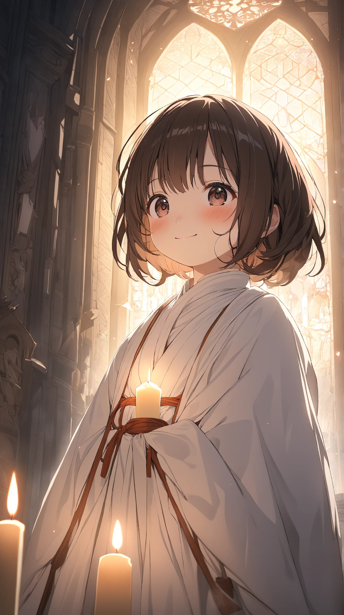 masterpiece, best quality,1girl,young girl,brown eyes,short hair,happy smile,shiny skin,(nice leg line:1.3),thin waist,huge breasts,
BREAK
Saintness, white Robes, cloak, tunic, cassock, mantle, vestments, Symbols of faith, holy relics, sacred objects, Prayer, meditation, contemplation, Healing, blessings, Battle, combat, struggle against evil, Nature, wilderness, sacred groves, Candles, incense, bells, chimes, Altars, shrines, temples, cathedrals, Holy water, Holy spell, fantasy world.
BREAK
around crowd:1.1,depth of field,looking at viewer,from side,upper body