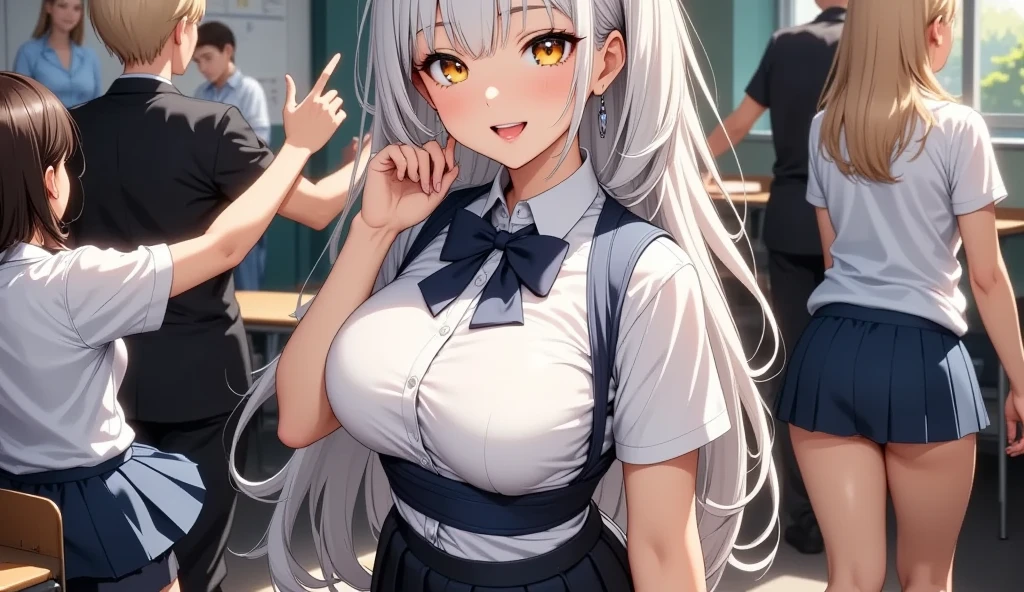 8K, Highest quality, masterpiece, Wallpapers by Unity 8K, School classroom、(One Girl) , 17 years old、 Perfect detail, (Best lighting) , (非常にComplexディテール)、(One Girl),cute、Big eyes、masterpieceサイドライト、masterpiece、Highest quality、detailed、High resolution illustrations)、(((Silver Hair))),(Her hair color is a blue-gray gradient), Semi-long hair, 非常にdetailed, Complex,smile、Larger breasts、High School Uniform, {White dress shirt、Red tie、Short sleeve、Grey pleated skirt}, summer、blue sky、Sweat、See-through