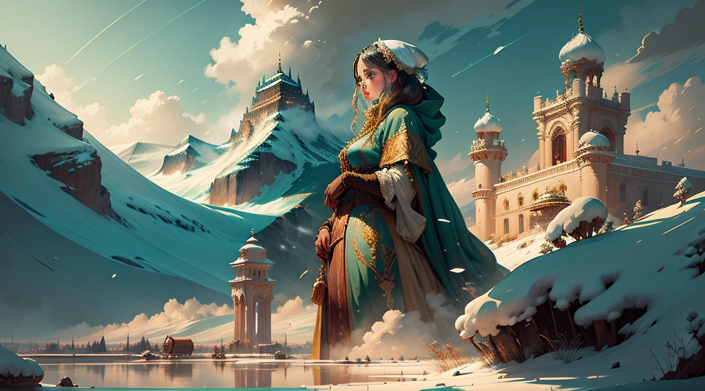 Size: 1920 x 1080 pixels 
Style: Art in the Style of Medieval or Renaissance Illustration 
Main visual: A towering, snow-capped mountain piercing through the clouds, with a golden, glowing palace atop it. The palace is adorned with intricate columns. 
Background: A vast, ethereal sky, painted with hues of blue and gold, with soft, swirling clouds. 

