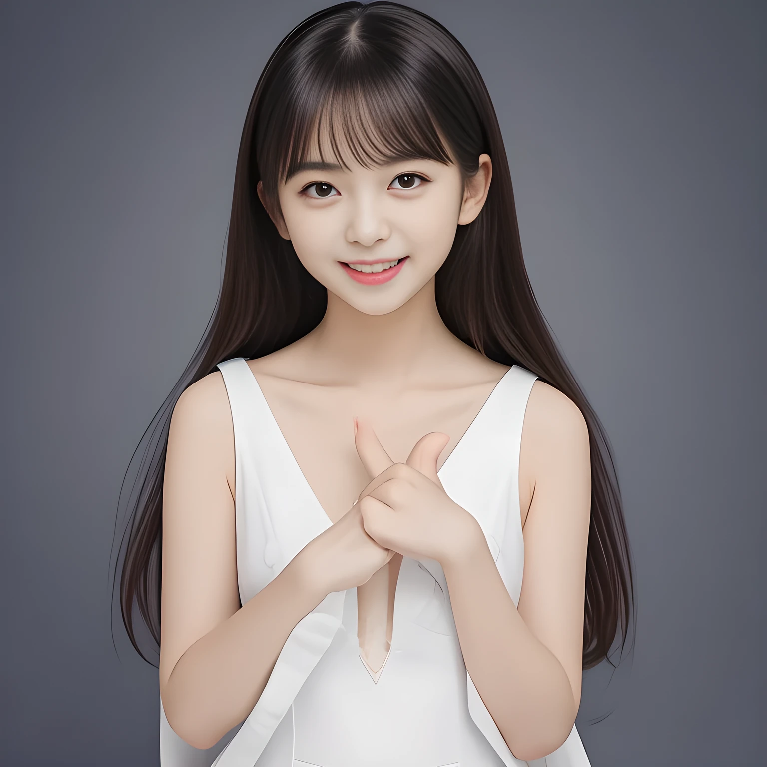 (Highest quality, masterpiece:1.2), Highest quality, High resolution, 1080P, 8k, (A yo Japanese beautiful girl idol is seated and giving strong subliminal sexual invitation and temptation, looking at the viewer, can't stop showing cute smile open mouth because of feeling too funny about the viewer, very white-white face, very proud of her long straight black hair, using face-whitening cosmetics, 14 girl's eyes, opened laughing giggling most open mouth, taking off too expensive navy sailor-styled one-piece school uniform with her fingers, well-straitened super-long well-trimmed long hair, evenly neatly trimmed girly cute bangs: 1.5), (white bra-lines, white skin of shoulders and upper-breast: 1.7), (Laughing blushed cheeks with dimples), (Well-balanced, impressive, very intelligent, double-eyelids, black shining camel-like large eyes of 14yooung idol with detailed: 1.5), ((Beautiful well-figured glossy opened laughing lips: 1.2)), (mature breast), (The viewer can't stop madly kissing them because of her beauty and subliminal strong invitation), (Very beautiful, super-glossy, cute neat black amazingly long hair, straight well-done long hair-style: 1.3), (plain blue background: 1.6), (((Completely balanced beautiful big cool eyes, looking coldly at me!: 1.3))), (eyes, face and hair are especially beautifully detailed and beautifully drawn: 1.5), (The soft white light clearly shows her face extremely white: 1.2), (too-cute slender 14yo ser-long-hair Japanese beautiful-young-girl idol is laughing and undressing, super-widely open laughing mouth like eating the viewer, everything is girly, neat and too beautiful: 1.6), (Super long hair 14yo super-cute-face pretty young idol of school idol photo magazine, navy sailor styled one piece uniform,  her fingers grasps the navy uniform and slipping down from her shoulders but the navy uniform still covers the arms and breast: 2.1), (Inevitable invitation and temptation to the eternal pleasure world: 2.0)