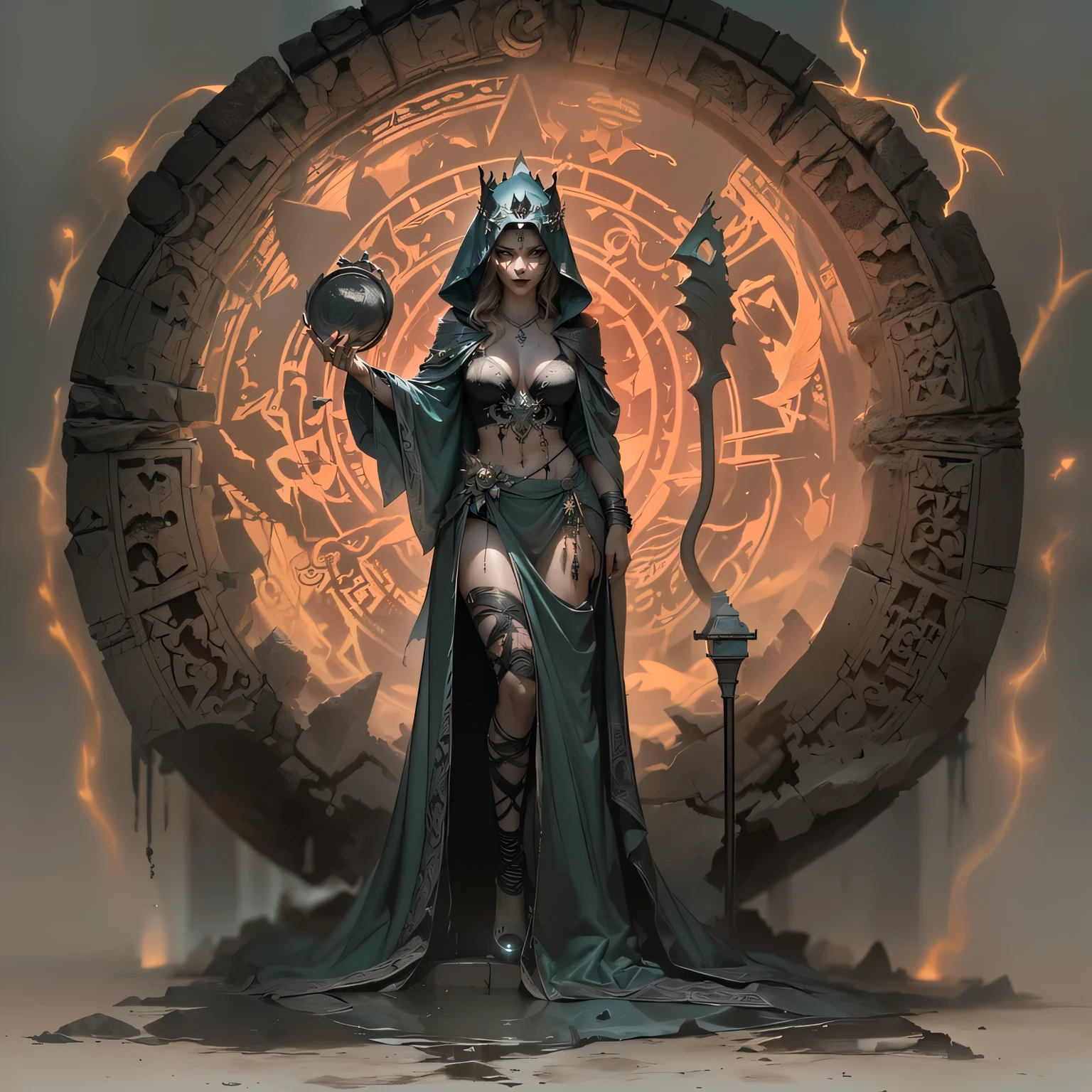twinrova, dark skin, make-up, curvy body,choker, blue and red hair, twintail hair,gem headwear, black corset, black sleeves,pelvic curtain, white harem pants, belt,
standing, on a magical stone pillar, fire and ice elements, dark ambiance, <lora:Twinrova:1>,extreme detail, hdr, fantasy quality,