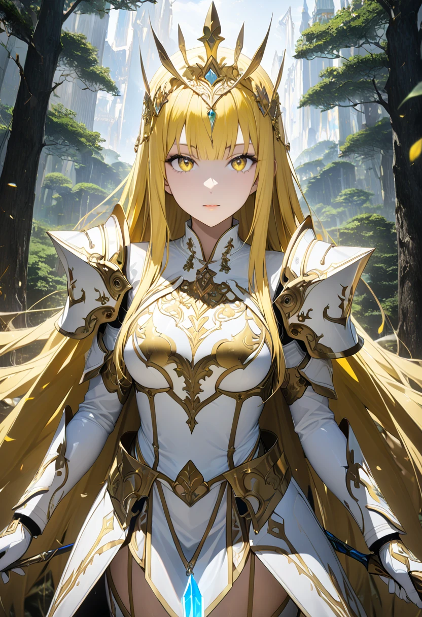  best quality、 Unity 8K Wallpaper、32K、masterpiece、 very detailed、 ultra high resolution、 very detailedな顔,  RAW photo, Professional, Fine painting、  long straight gold hair 、 platinum tiara with yellow jewels 、Yellow nun cape 、 yellow eyes、( tree eyes ), Cool and sharp features, hime cut, 20～Female magical warrior, About 24 years old.、  white and gold breastplate  、Yellow and white leotard、((( long adorned with yellow and white gold pencil skirt、 with side armor and long slits )))、Semi-puff sleeves with shoulder pads、 large white ribbon with large topaz on the chest 、 white and yellow long gloves 、((( white and yellow thigh stiletto boots :1.0)))、whole body、 he has a spear with a blue glowing blade ,