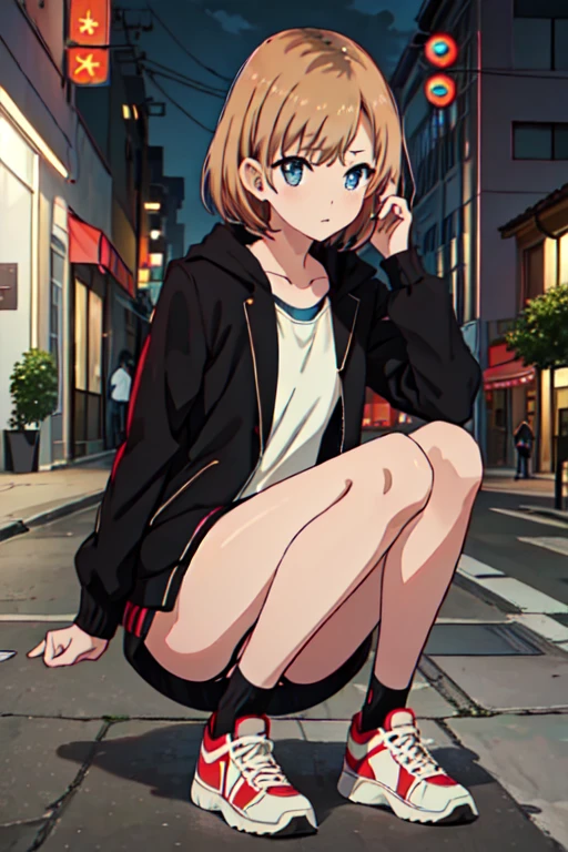  best quality , masterpiece,  high resolution, One, {_aoi _ shirobaco :1.15},  short_hair,  brown _hair, blue_eyes,  1girl, bang,  short топ, thong, Sneakers, slender legs, on the street at night