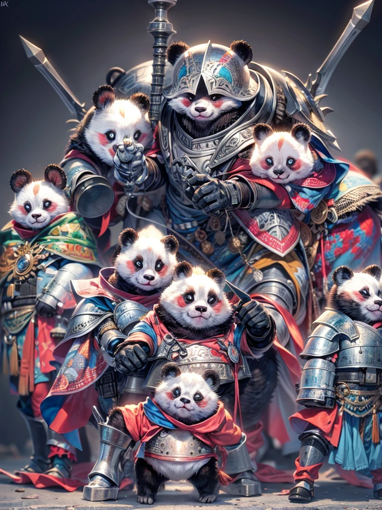 ( best quality,4K,8k, high definition ,masterpiece:1.2),Super detailed, (Realistic,photoRealistic,photo-Realistic:1.37),  panda with full body armor,  cute face , Beautiful heavy armor , Complex Pattern,  Detailed Eyes and Faces ,  bright color , Vivid lighting, , Manga works,  digital illustration