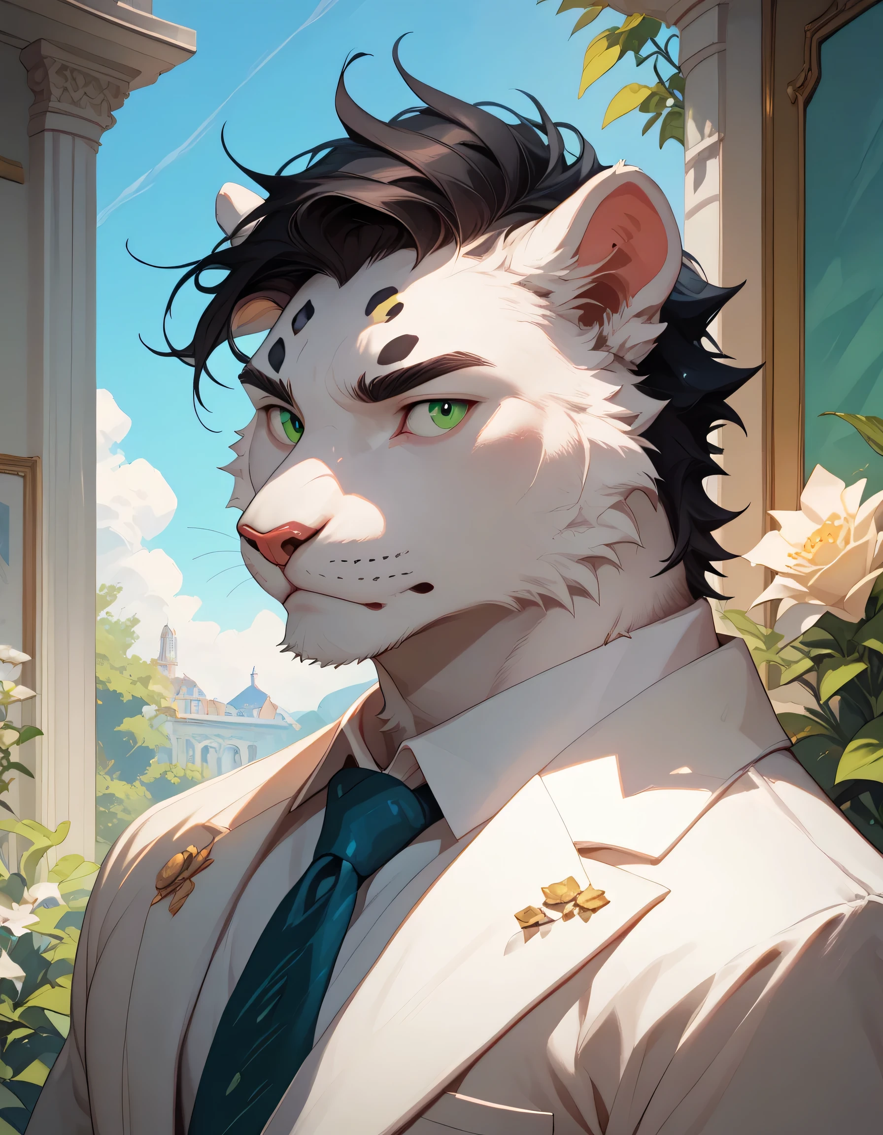 ( alone),(( is of the best quality)), ((masterpiece)), ( detailed), upper body, male anthropomorphic leopard, white fur ,White skin, white fur , short black hair , Green Eyes,Calm,Mature,Elegant,Casual wear, muscular ,