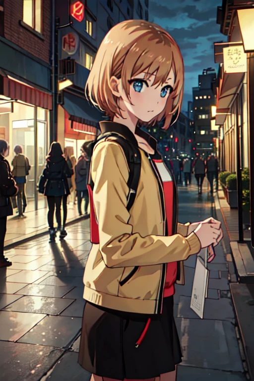  best quality , masterpiece,  high resolution, One, {_aoi _ shirobaco :1.15},  short_hair,  brown _hair, blue_eyes,  1girl, bang,  short топ, thong, Sneakers, on the street at night, standing