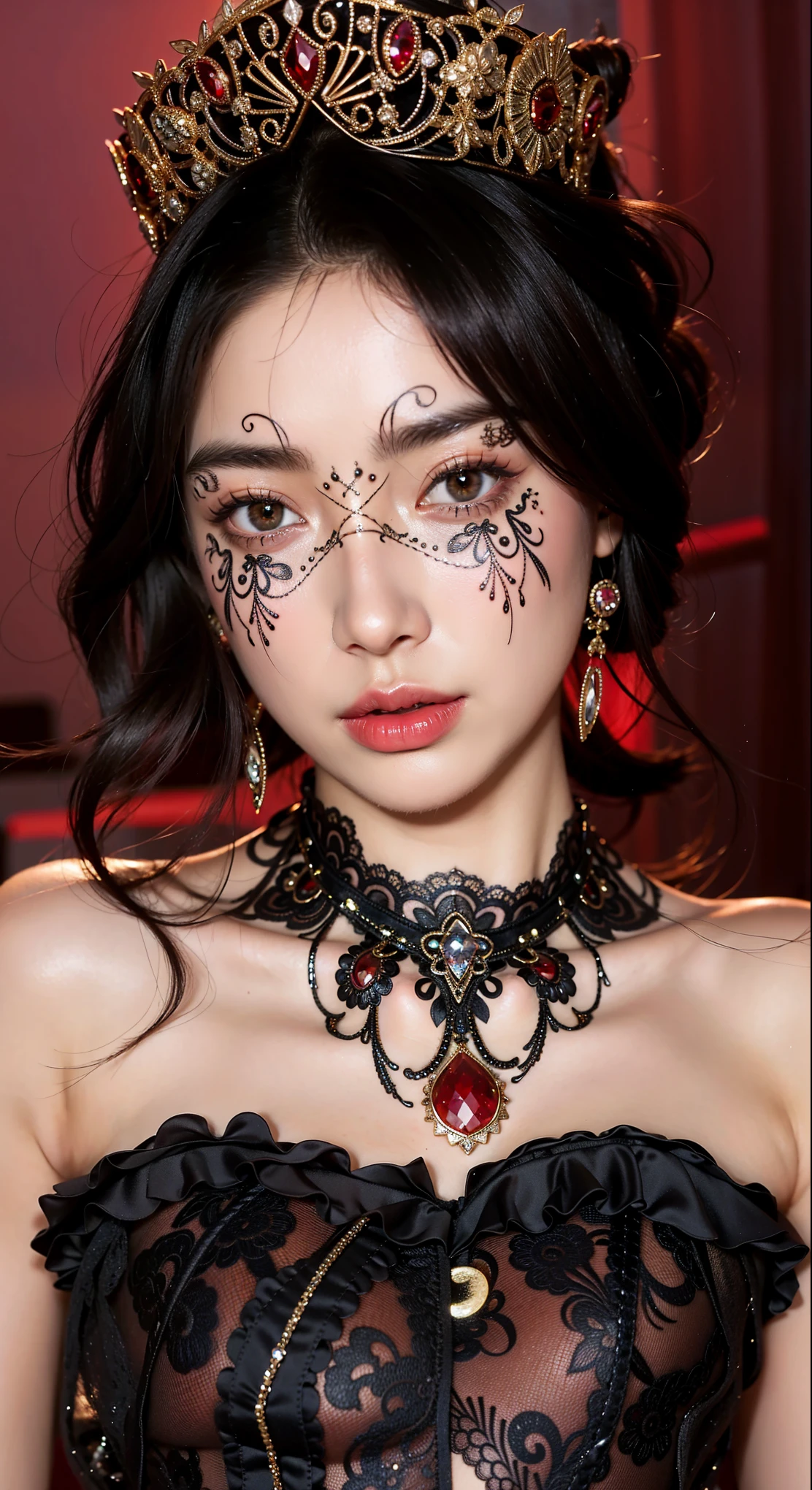 Create a full-body photo of a woman at a secret masquerade party. She is wearing an intricate Venetian mask and an elaborate costume. Focus on her elegant appearance, highlighting her beautiful detailed eyes, and lips. Ensure the face and features are extremely detailed, with an intricate mask design. The scene should be set inside a bar with a modern interior and red lighting, creating a moody and mysterious atmosphere. Use dramatic chiaroscuro lighting with rich shadows to enhance the cinematic quality. The lighting should be dim to emphasize the enigmatic feel. Ensure the image is of the highest quality, with 4k, 8k, high resolution, and a masterpiece level of detail. The style should be ultra-detailed, realistic, and photorealistic, with a rich color palette that is elegant, refined, and captivating. No cold mask or mouth mask should be included.