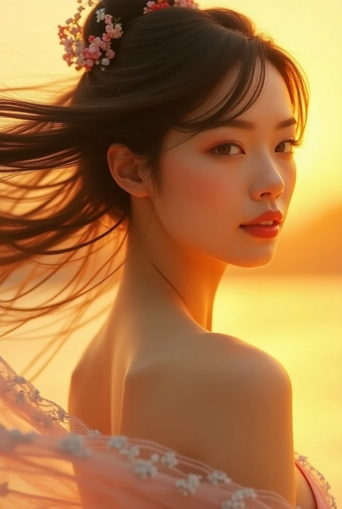 (highest quality, 32k, High resolution, masterpiece:1.5,), Haunting fantasy portrait in abstract style, ((In a swirl of fantastic colors and soft light)), Evoking a sense of soothing tranquility and elusive beauty, Award-winning masterpiece with amazing details, cute japanese woman, 24 years old, perfect human anatomy, big magical eyes, gentle smile, ((Shiny detailed brown hair)), Long straight hair tousled by the wind, Beautiful asymmetrical bangs, hair between eyes, smooth and soft skin, thin eyebrows, clear double eyelids, Attractive pink lips, ((naked, Wrap your body in a transparent silk cloth)), High resolution perfect collarbone, High resolution beautiful bust, Slender body with plump breasts, ((sparkling light effects:1.3)), summer blue sea, The blue, sparkling water surface reflecting light, bright sunshine, professional lighting, professional photographer, Professional models,mysterious