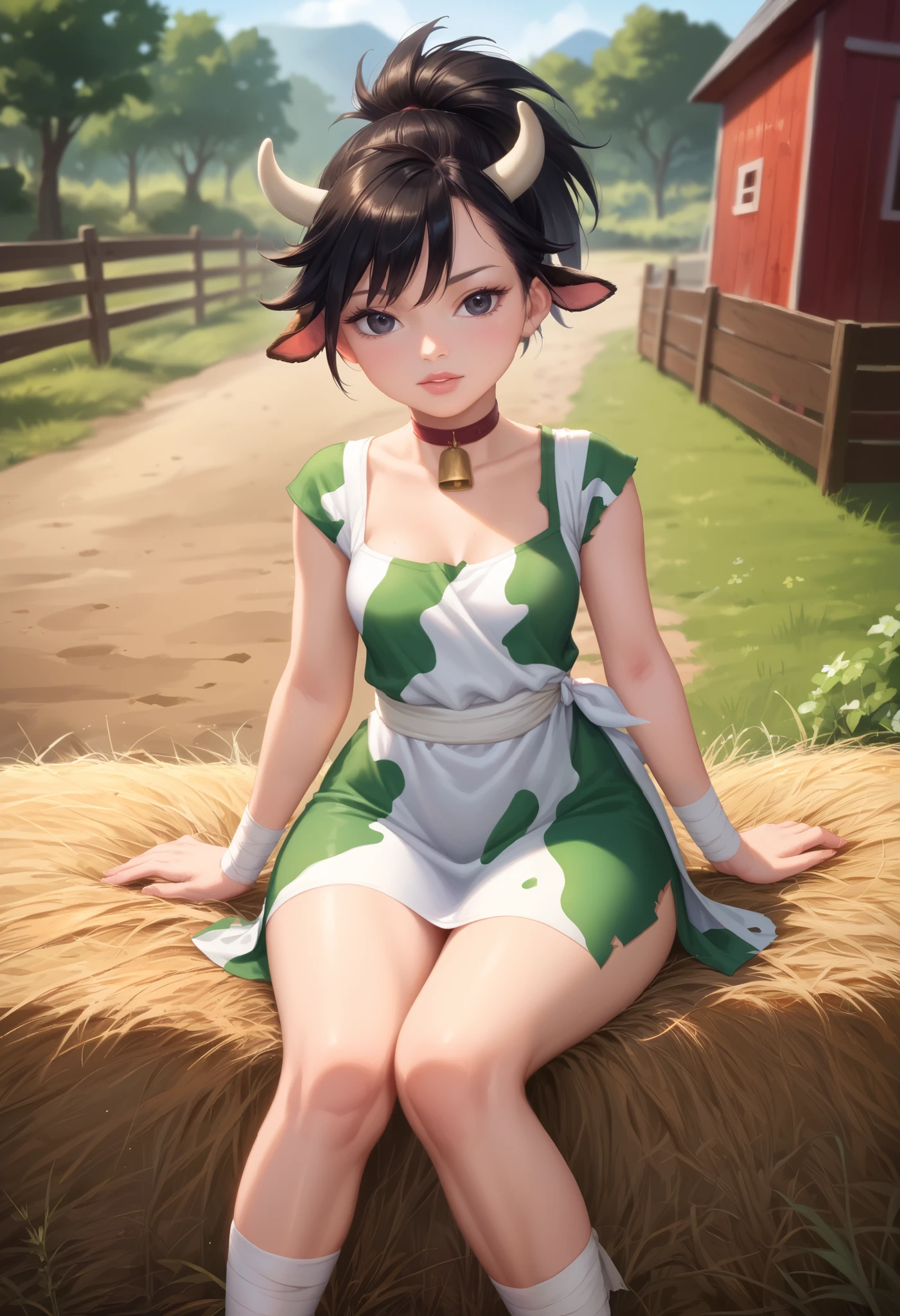 dororo, black hair, ponytail, choker, black eyes, bandages, wrist wrap, ankle wrap, masterpiece, best quality, photorealistic, 1girl, solo, looking at viewer, , depth of field, (watercolor illustration, soft pastel colors:1.1), realistic, dororo, huge hips. small saggy breasts. huge hips. choker. cow print. сow horns. cow dress. farm. bales of hay.
