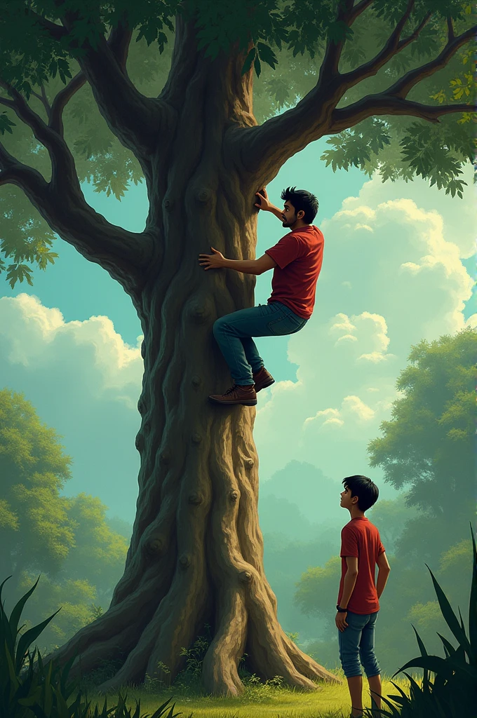 "Abhishek hastily climbing up a tall tree with a look of fear on his face, leaving Nitish standing alone on the ground. Nitish looks up at Abhishek with a surprised expression."