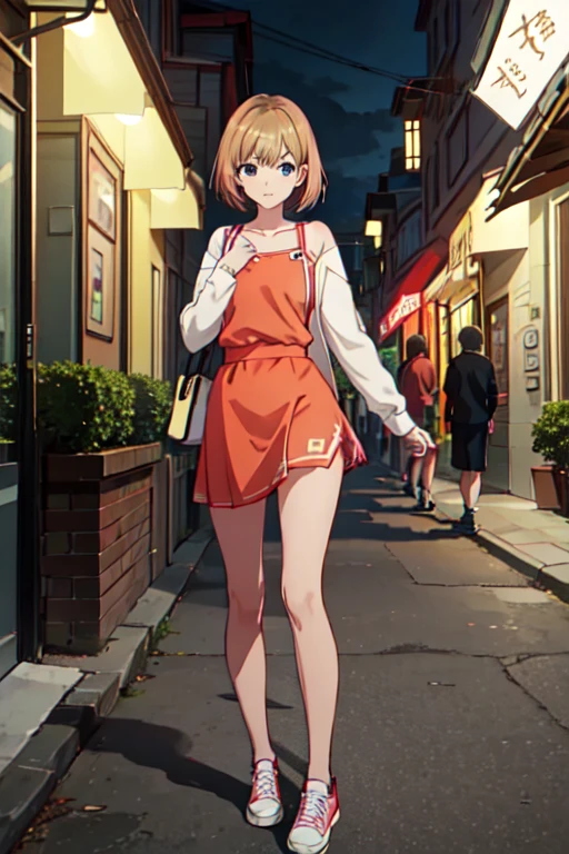  best quality , masterpiece,  high resolution, One, {_aoi _ shirobaco :1.15},  short_hair,  brown _hair, blue_eyes,  1girl, bang, short dress, thong, Sneakers, on the street at night, standing