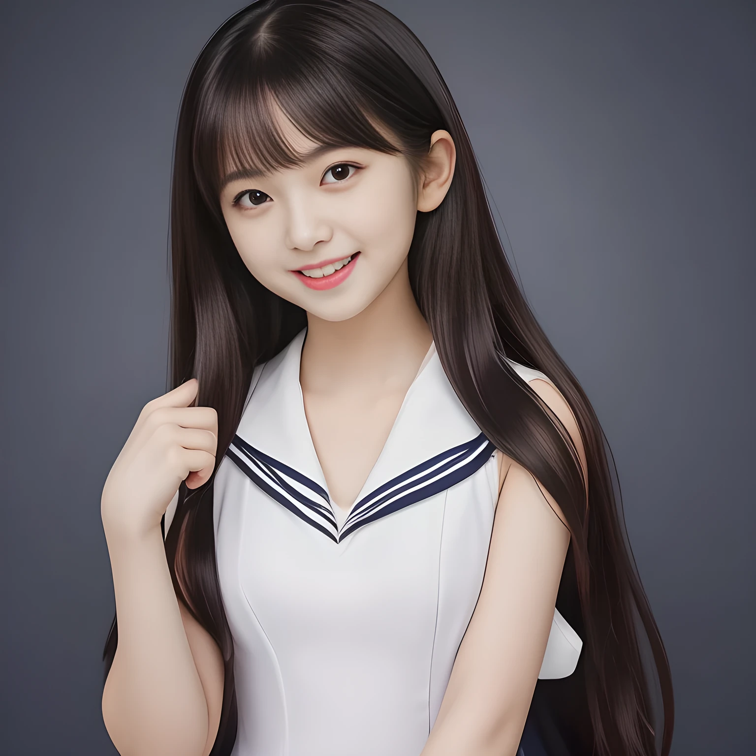 (Highest quality, masterpiece:1.2), Highest quality, High resolution, 1080P, 8k, (A **** Japanese beautiful girl idol is seated and giving strong subliminal sexual invitation and temptation, looking at the viewer, can't stop showing cute smile open mouth because of feeling too funny about the viewer, very white-white face, very proud of her long straight black hair, using face-whitening cosmetics, **** girl's eyes, opened laughing giggling most open mouth, taking off too expensive navy sailor-styled one-piece school uniform with her fingers, well-straitened super-long well-trimmed long hair, evenly neatly trimmed girly cute bangs: 1.5), (white bra-lines, white skin of shoulders and upper-breast: 1.7), (Laughing blushed cheeks with dimples), (Well-balanced, impressive, very intelligent, double-eyelids, black shining camel-like large eyes of **** young idol with detailed: 1.5), ((Beautiful well-figured glossy opened laughing lips: 1.2)), (mature breast), (The viewer can't stop madly kissing them because of her beauty and subliminal strong invitation), (Very beautiful, super-glossy, cute neat black amazingly long hair, straight well-done long hair-style: 1.3), (plain blue background: 1.6), (((Completely balanced beautiful big cool eyes, looking coldly at me!: 1.3))), (eyes, face and hair are especially beautifully detailed and beautifully drawn: 1.5), (The soft white light clearly shows her face extremely white: 1.2), (too-cute slender **** super-long-hair Japanese beautiful-young-girl idol is laughing and undressing, super-widely open laughing mouth like eating the viewer, everything is girly, neat and too beautiful: 1.6), (Super long hair **** super-cute-face pretty young idol of school idol photo magazine, full-navy-colored sailor styled one piece uniform,  her fingers pick collars and taking off navy uniform down her shoulders but the navy uniform still covers the arms and breast: 2.1), (Inevitable invitation and temptation to the eternal pleasure world: 2.0)