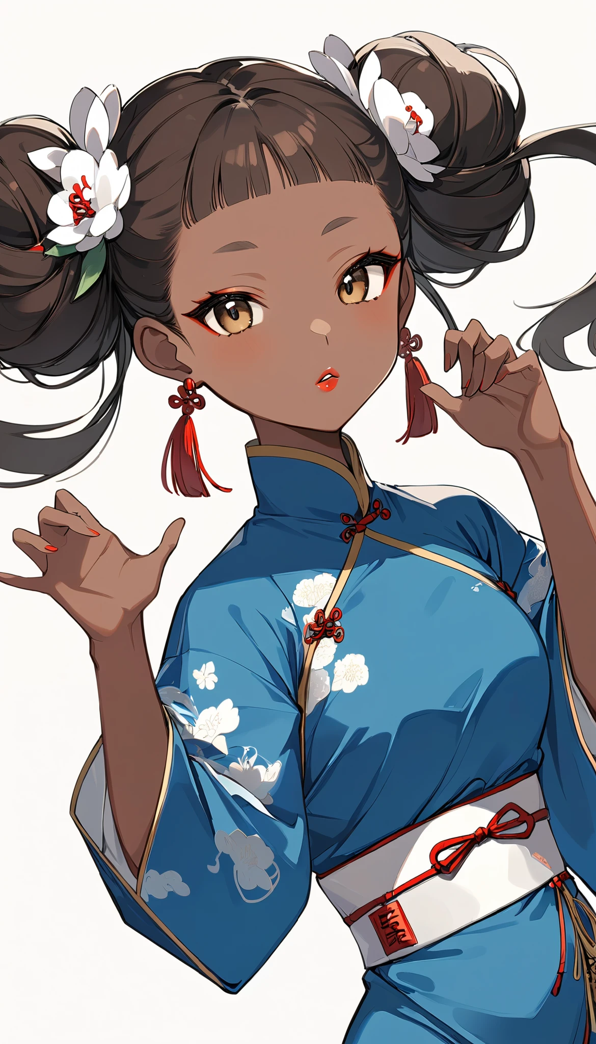 white background solo、 simple background、Very dark skin color 、 twin buns hair、 blue china clothes、 Thick lips、(( tan:1,5))、Tai chi circle pose、 dynamic pose 、