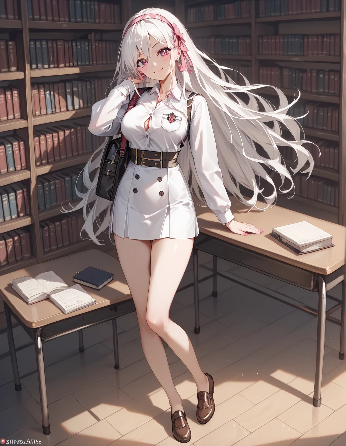 looking at the spectator,  masterpiece,  correct anatomy , necessary,  Best quality , A beautiful young woman (sexy full body , big breasts,  slim waist,  big ass, long white hair, loose hair, wearing a headband  , violet eyes, daring smile  ), Wearing an high school student uniform white t-shirt with a pink ribbon and black buttons with the school logo on the left shoulder short skirt of brown tables with yellow squares, In a school library ,