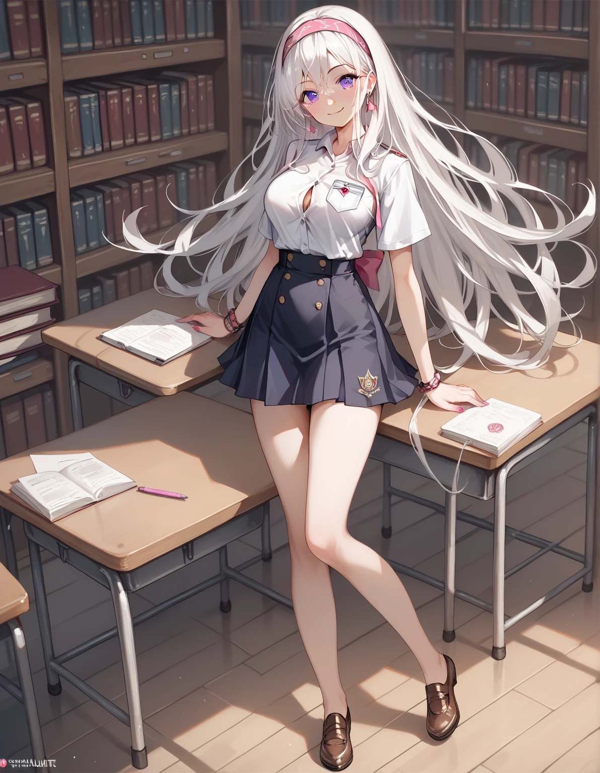 looking at the spectator,  masterpiece,  correct anatomy , necessary,  Best quality , A beautiful young woman (sexy full body , big breasts,  slim waist,  big ass, long white hair, loose hair, wearing a headband  , violet eyes, daring smile  ), Wearing an high school student uniform white t-shirt with a pink ribbon and black buttons with the school logo on the left shoulder short skirt of brown tables with yellow squares, In a school library ,