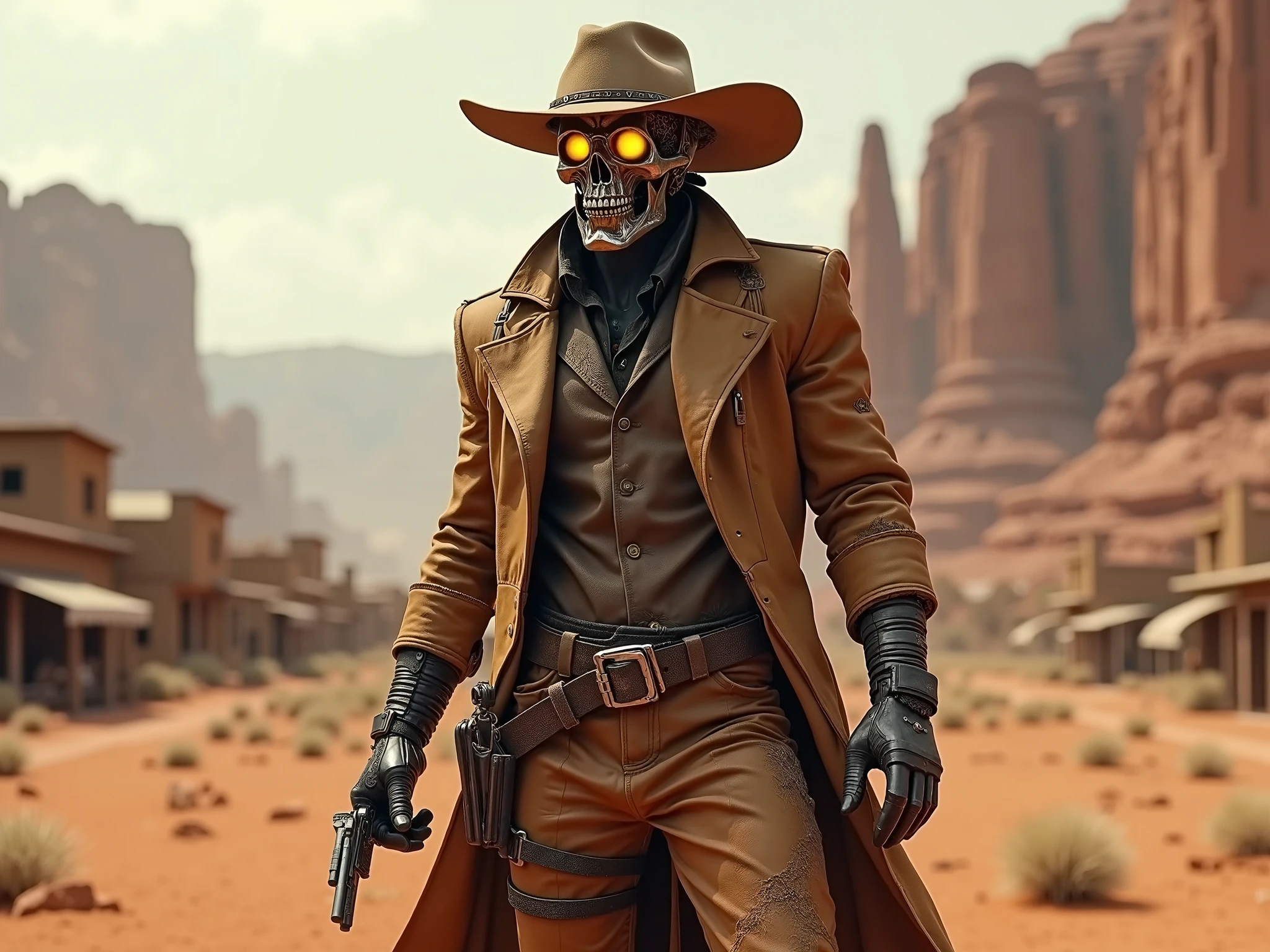 there is a man in a cowboy outfit walking down the street, movie still of a villain cyborg, 500px photos, full - body artwork, steam necropolis, realistic shaded robotic parts, high noon, biped, awarded winning photo, astral clockwork, style of nekroxiii, outlaw