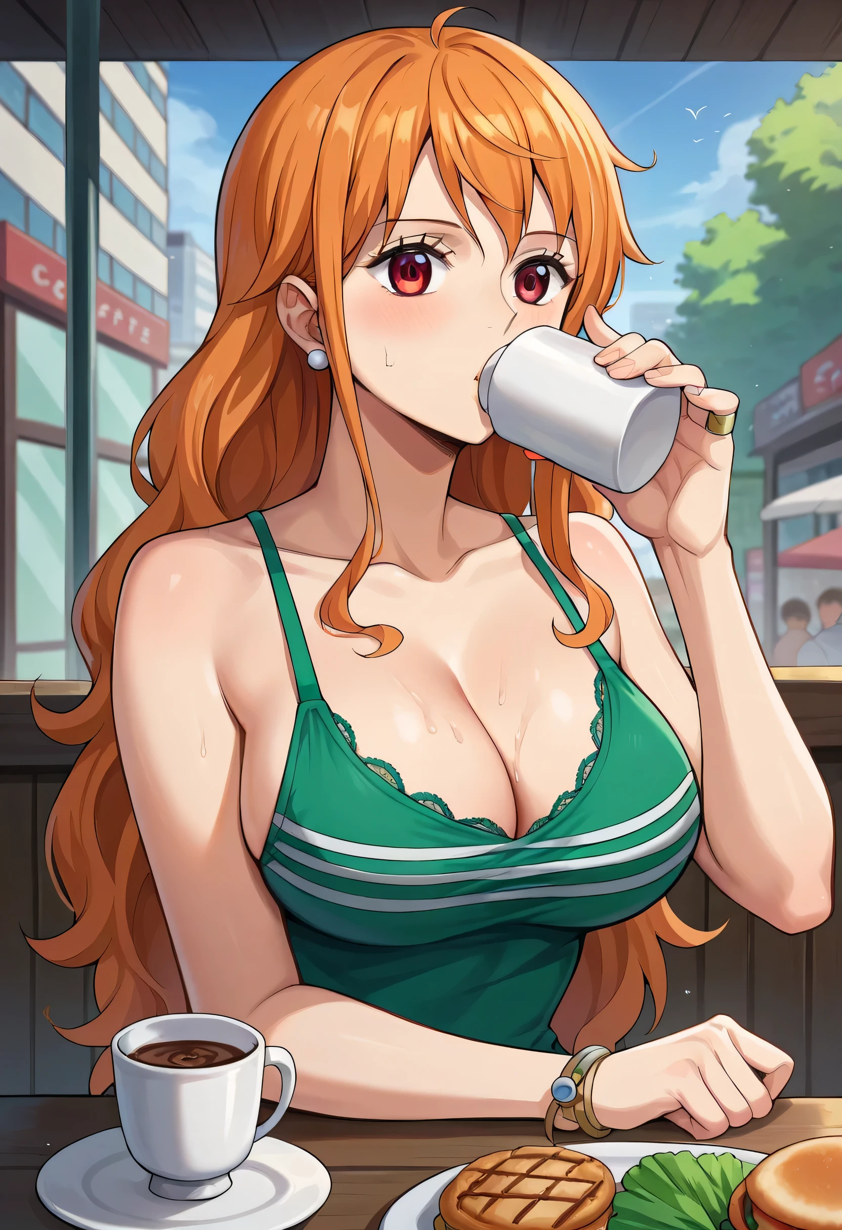 score_9, score_8_up, score_7_up, score_6_up, score_5_up, score_4_up, BREAK source_anime, city, outdoor, nami_post, orange hair, long hair, wavy hair, side locks, brown eyes, large breasts, cleavage,, large breasts, cute pink lace dress, in cafe, drinking coffee, cute