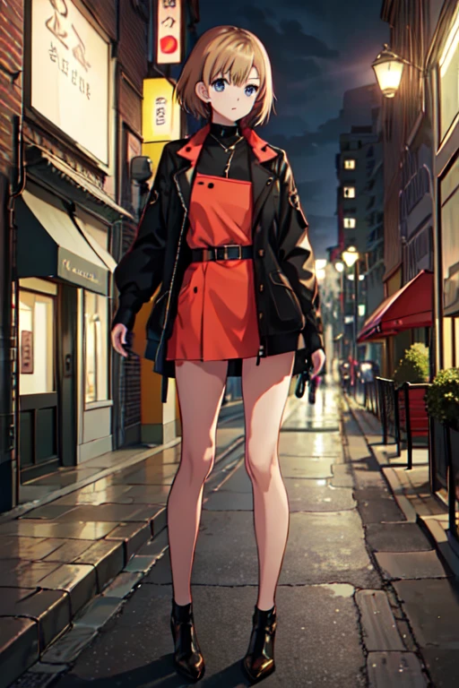  best quality , masterpiece,  high resolution, One, {_aoi _ shirobaco :1.15},  short_hair,  brown _hair, blue_eyes,  1girl, bang, short clothed dress, thong, High-heeled shoes, on the street at night, standing