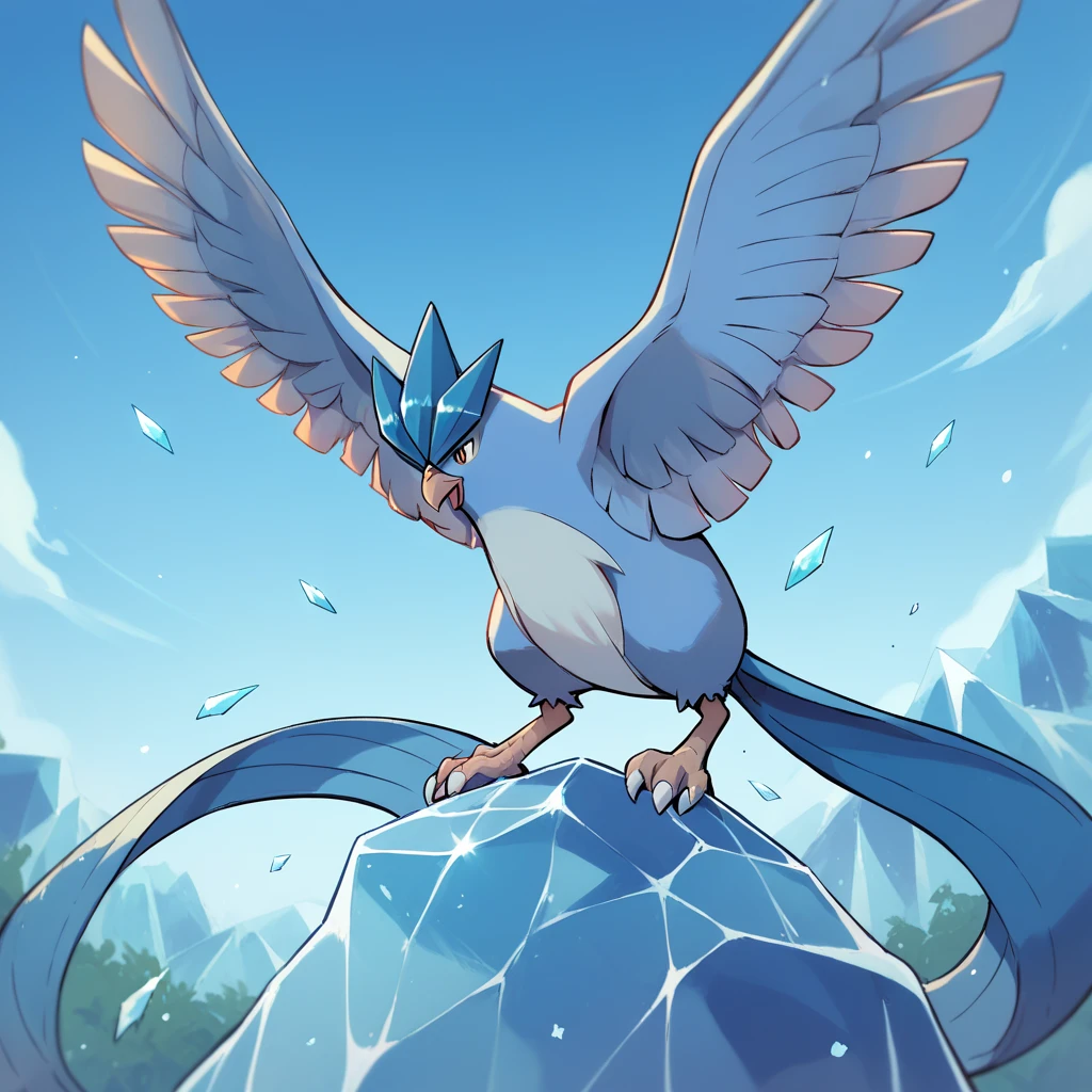 Articuno, Pokémon, whole body, Solo, ice landscape, magnificent, bird feets, tail feathers,