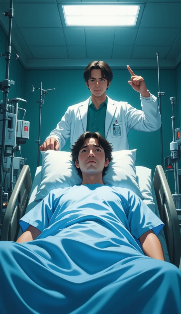 A man in hospital clothes lying on his side on a hospital stretcher ,  behind him a doctor standing preparing for surgery has his index finger pointed upwards with a sarcastic smile 
32k , HDR, UHD, intricate detail, extremely intricate detail, hyperrealistic, extremely realistic, high quality, vivid color, extremely detailed.