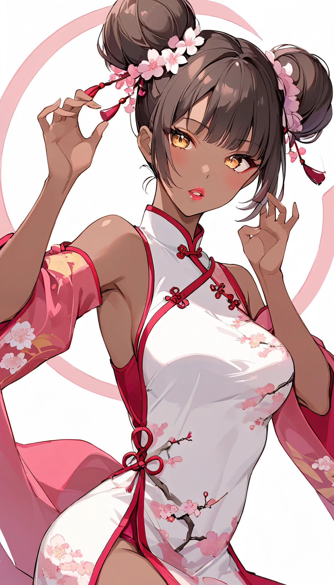 white background solo、 simple background、Very dark skin color 、 twin buns hair、 pink china clothes、 Thick lips、(( tan:1,5))、Tai chi circle pose、 dynamic pose 、