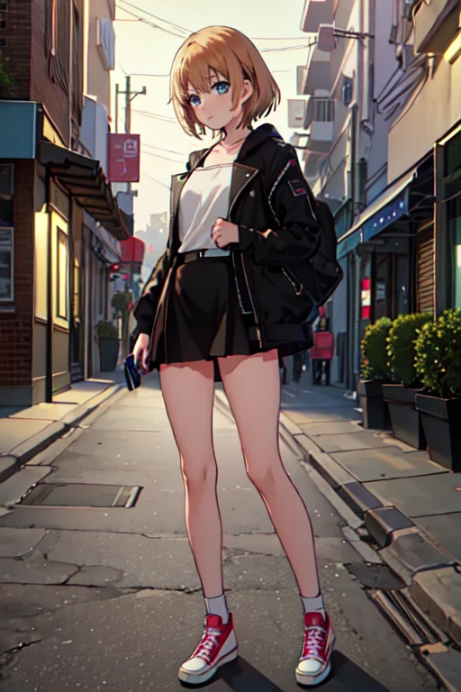  best quality , masterpiece,  high resolution, One, {_aoi _ shirobaco :1.15},  short_hair,  brown _hair, blue_eyes,  1girl, bang, short clothed dress, thong, on the street at night