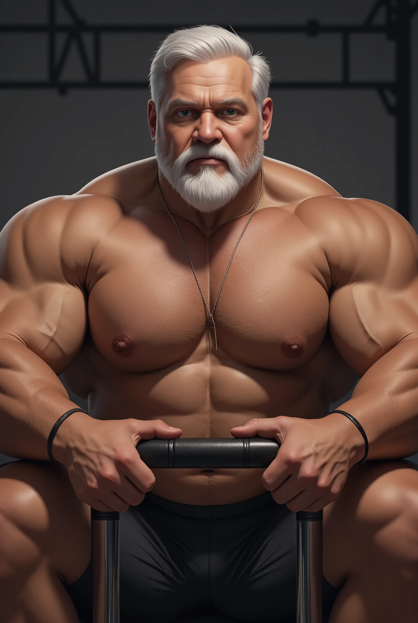 solo, 1boy, Muscular Old man, wide shoulder, pectoral, thick arms, huge pectoral, wide pectoral, sitting on gym, short white hair, detailed eyes, shorts, sweat, shirtless, masterpiece, semirealistic:1.2, high detailed, 8k, high resolution