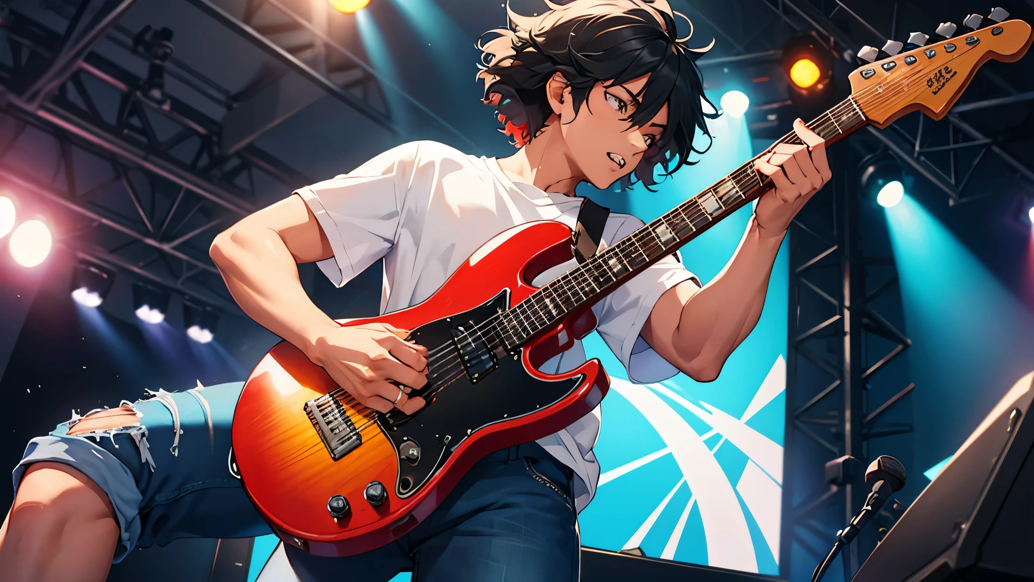 A vibrant illustration of a youth rock band, featuring a male vocalist energetically jumping while playing the guitar, captured in a powerful close-up. - **Appearance**: Early 20s, with an ordinary yet relatable face. Mildly afro-textured wavy black hair and an intense, passionate expression. - **Outfit**: Ripped denim jeans, a simple white T-shirt, and red and black sneakers. - **Guitar**: A vintage-style electric guitar with a red and black color scheme, equipped with a simple black strap. The strings are depicted with fine detail. - **Pose**: Captured mid-air, with both legs bent as he plays the guitar passionately. - **Focus**: The close-up highlights the vocalist’s dynamic jump and performance, emphasizing his movement and expression. - **Background**: A live house setting with the atmosphere of a high-energy performance.