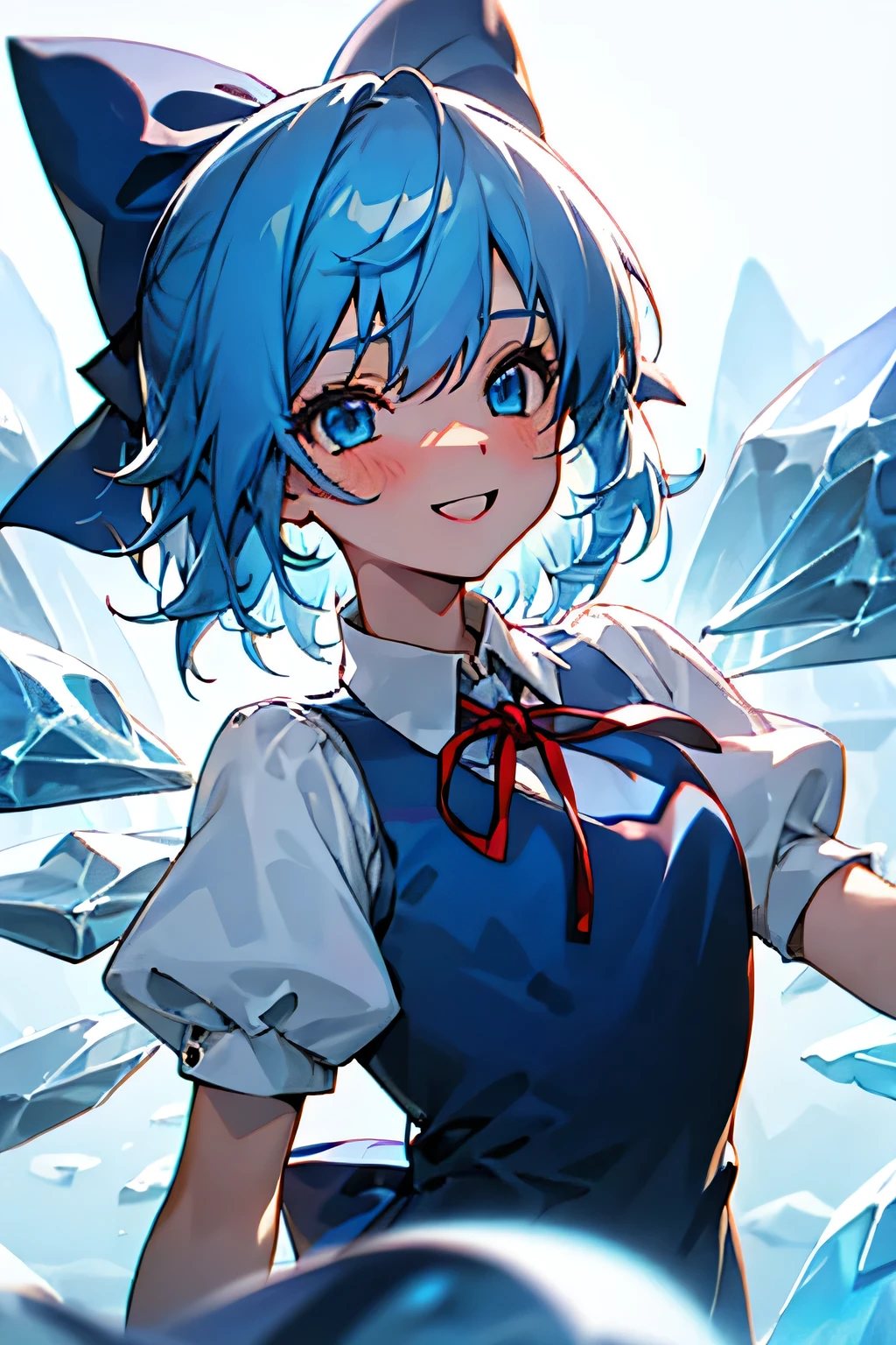 1人の***, upper body , blue_hair, bow, hair_bow, short_hair, wings, ice, blue_bow, ice_wings, blue_eyes, bangs, blush, smile, open_mouth, hair_between_eyes, ribbon, neck_ribbon