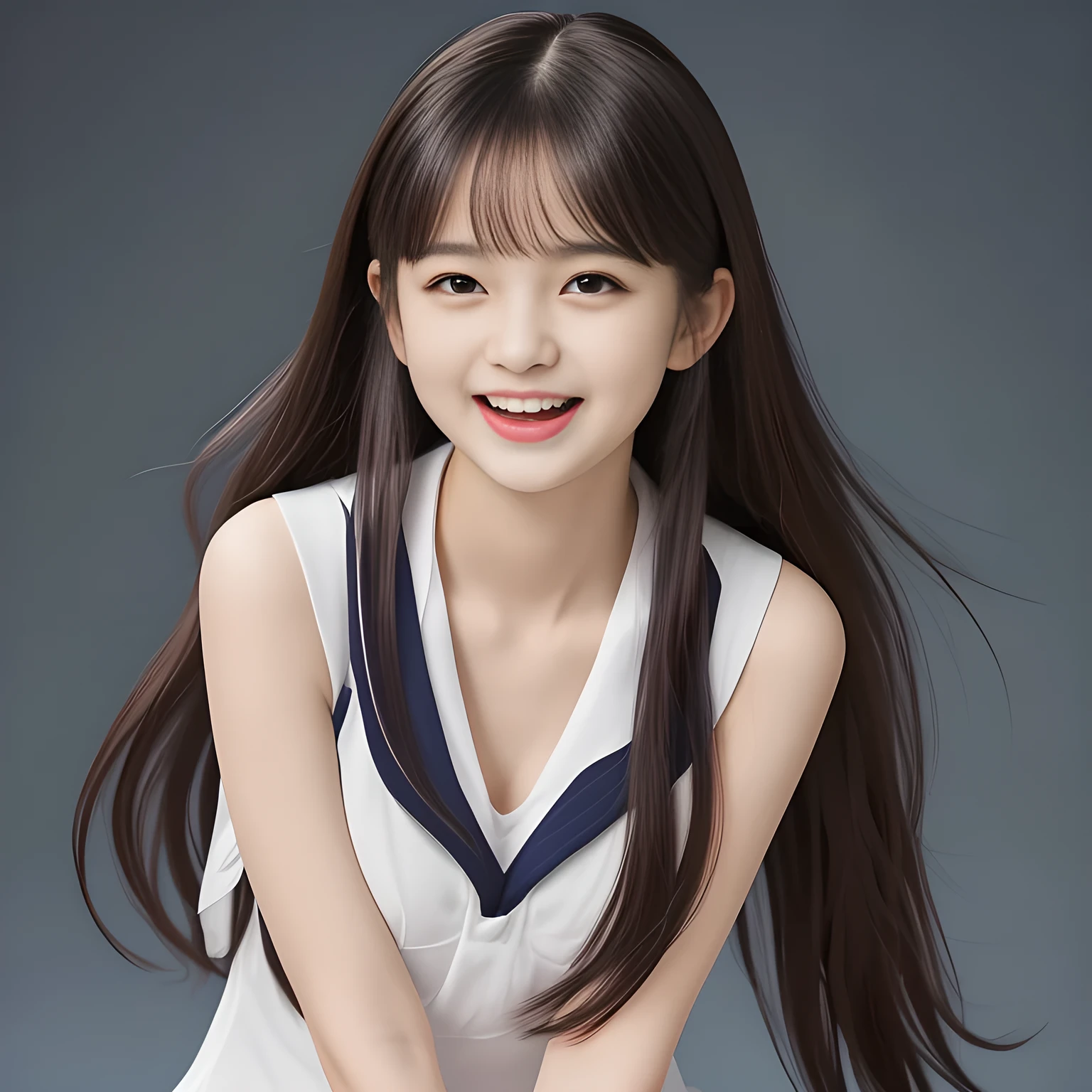 (Highest quality, masterpiece:1.2), Highest quality, High resolution, 1080P, 8k, (A 14yo Japanese beautiful girl idol is seated and giving strong subliminal sexual invitation and temptation, looking at the viewer, can't stop showing cute smile open mouth because of feeling too funny about the viewer, very white-white face, very proud of her long straight black hair, using face-whitening cosmetics, 14yo girl's eyes, opened laughing giggling most open mouth, taking off too expensive navy sailor-styled one-piece school uniform with her fingers, well-straitened super-long well-trimmed long hair, evenly neatly trimmed girly cute bangs: 1.5), (white bra-lines, white skin of shoulders and upper-breast: 1.7), (Laughing blushed cheeks with dimples), (Well-balanced, impressive, very intelligent, double-eyelids, black shining camel-like large eyes of 14yo young idol with detailed: 1.5), ((Beautiful well-figured glossy opened laughing lips: 1.2)), (mature breast), (The viewer can't stop madly kissing them because of her beauty and subliminal strong invitation), (Very beautiful, super-glossy, cute neat black amazingly long hair, straight well-done long hair-style: 1.3), (plain blue background: 1.6), (((Completely balanced beautiful big cool eyes, looking coldly at me!: 1.3))), (eyes, face and hair are especially beautifully detailed and beautifully drawn: 1.5), (The soft white light clearly shows her face extremely white: 1.2), (too-cute slender 14yo super-long-hair Japanese beautiful-young-girl idol is laughing and undressing, super-widely open laughing mouth like eating the viewer, everything is girly, neat and too beautiful: 1.6), (Super long hair 14yo super-cute-face pretty young idol of school idol photo magazine. Navy colored sailor styled one piece uniform. Her hands pick the collars and taking off navy uniform down her shoulders but the navy uniform still covers the arms and breast: 2.1), (Inevitable invitation and temptation to the eternal pleasure world: 2.0)