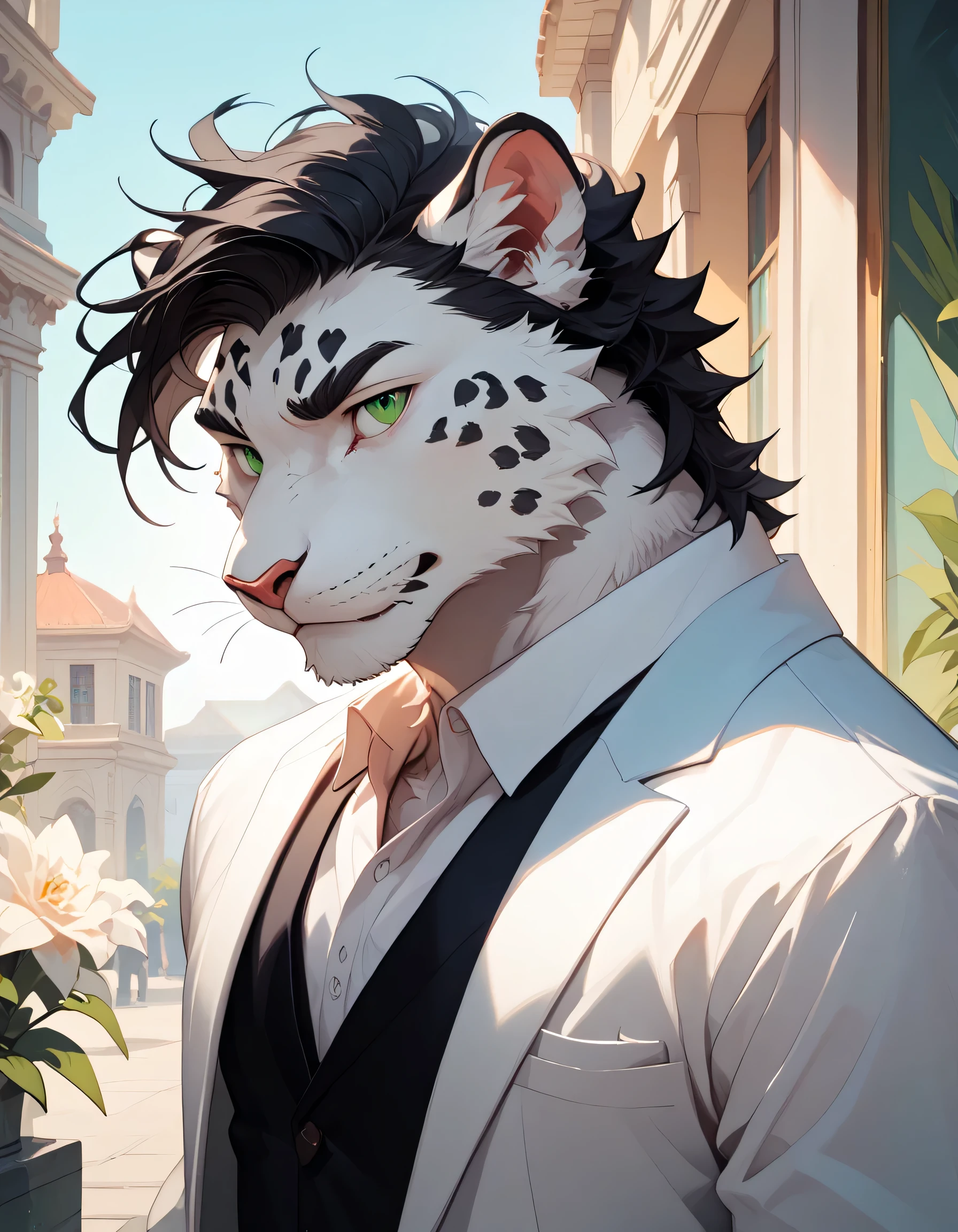 ( alone),(( is of the best quality)), ((masterpiece)), ( detailed), male anthropomorphic leopard, white fur ,White skin, white fur , short black hair , Green Eyes,Calm,Mature men,Elegant,Casual wear, muscular ,