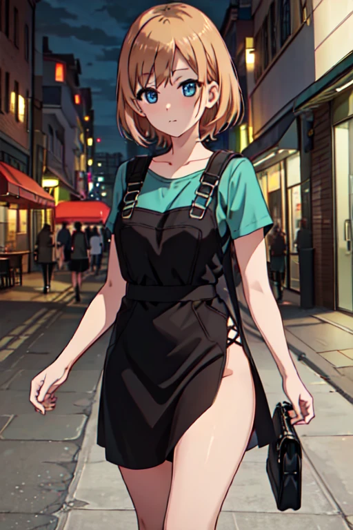  best quality , masterpiece,  high resolution, One, {_aoi _ shirobaco :1.15},  short_hair,  brown _hair, blue_eyes,  1girl, bang, short tight dress, thong, on the street at night