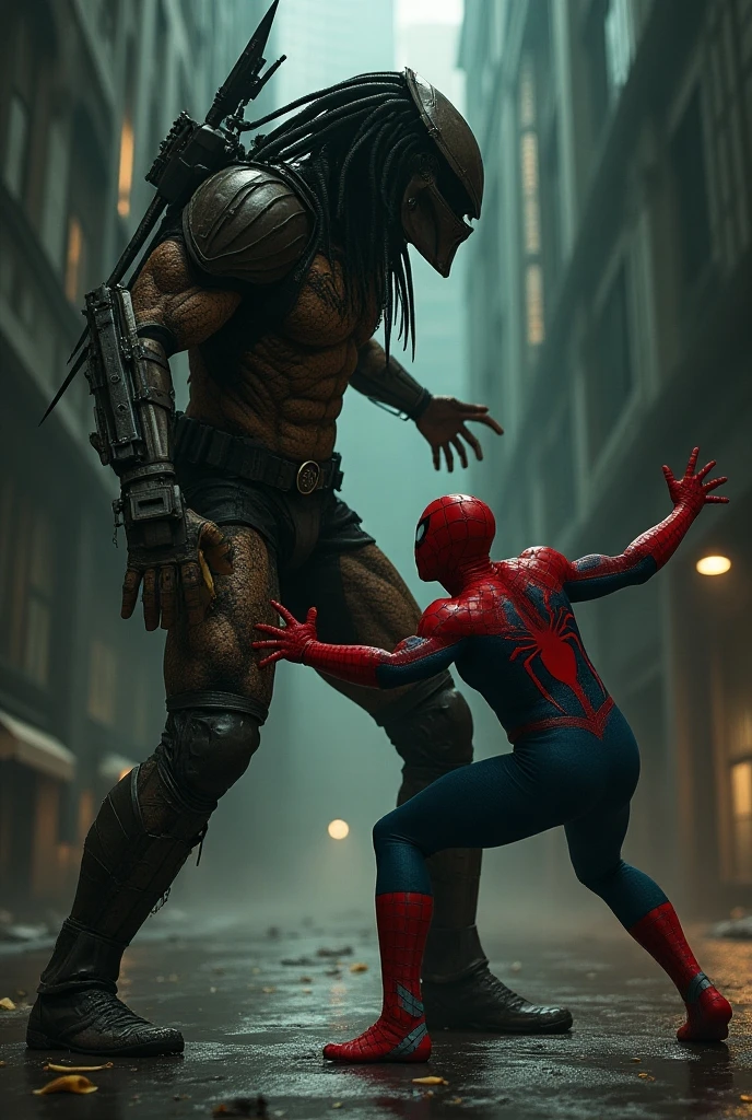 Create a 9:16 image of (Predator) & (SPIDER-MAN)