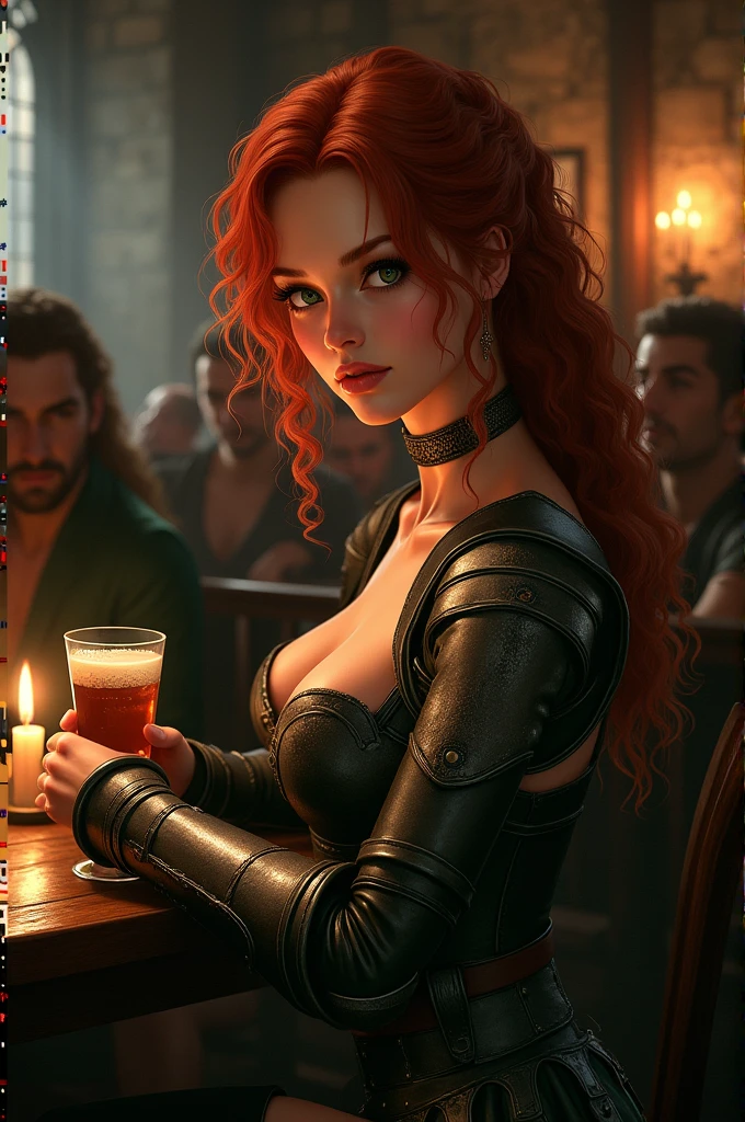 Young woman, curly redhead with long hair, green eyes and white complexion . look is cold but , with curves and little pechonality , beautiful . She wears medieval armor fitted to her body . She is sitting in a medieval bar at night holding a glass cup