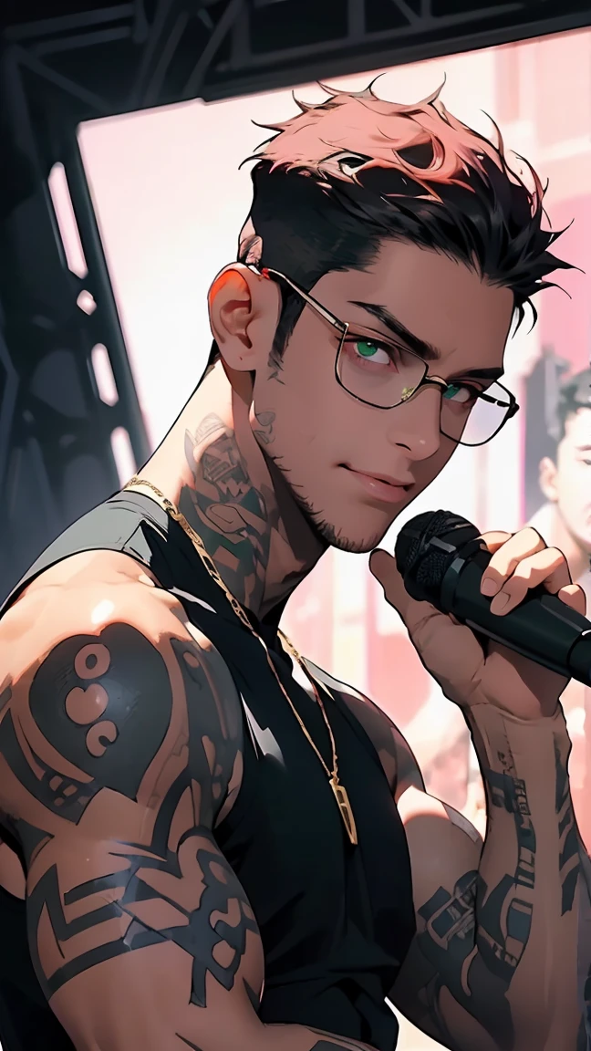 Highest Quality, 8K, High Resolution Image, Anime Style Jujutsu Kaisen, Detailed Strokes, Bored Look, Blurred, Purple Light Reflecting From It, (Close Angle), 1 Man, Male, Model, (Gilgamesh/Fate), (Chest Tattoos and arms, tattooed skin on chest and arms), Cool Guy, Strong Man, Tall Man, Broad Muscular Shoulders, Toned Arms, Toned Chest Abs, Well Defined Body, Muscular, (DARK PINK) HAIR, PINK SLICKED BACK SHORT HAIR, SHORT HAIR, pink Hair, Short Hair, short pink hair, slicked back hair, swollen chest. green eyes, green glowing eyes, bored look, handsome guy, hip-hop style guy, (smile), he is wearing a black sweatpants, Naked torso, training chest, abs, he is dressed in urban style, casual appearance, sunglasses, long gold link necklace and a short gold link necklace,, casual pose, he wears several different gold link necklaces, training chest, abs, he is dressed in urban style, casual appearance, casual pose background: Background: large concert hall, concert hall full of people, her is holding a microphone in her hand, he is a rapper and performs on a stage, he is fully in his element and feels the rap beats,

