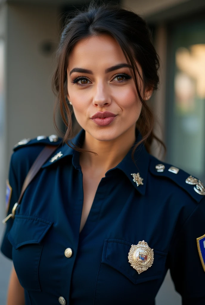 Woman, police uniform, leaning towards viewer, pout, wink