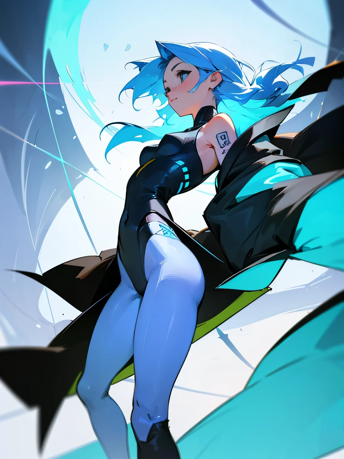 Girl with long blue hair, Slim, beatiful face, little chest, Depraved, Sexy