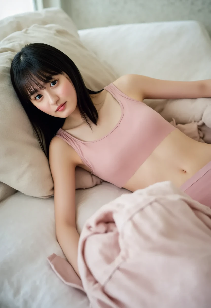 (((Highest quality,Very detailed,masterpiece,Very detailed))) ,(((Spread your legs))),Loose breasts,seems to be happy,See through,camisole,one piece,barefoot,One Girl,Realistic,Lying down,Bedroom、Looks sleepy