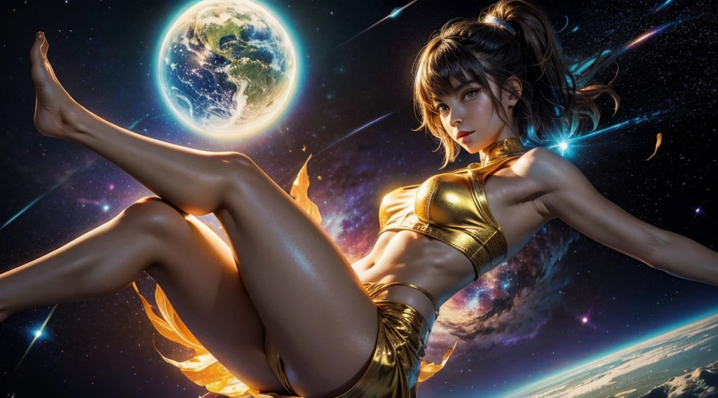 Asian girl,starryskybackground,Saturn's rings,golden armour,brunette color hair,Belly button