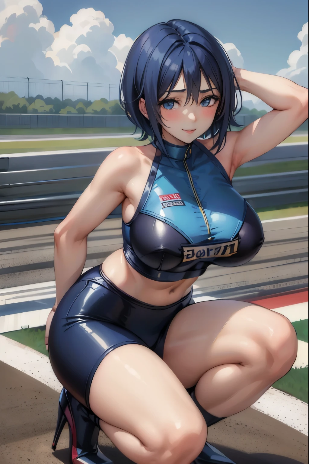 masterpiece, mischievous smile, light blush, looking at viewer, sexy pose, (huge breasts: 1.2), aaaqua, short hair, dark blue hair, blue eyes, race queen, detailed race circuit in the background, (midriff: 1.5), high heels, stockings, bending knee