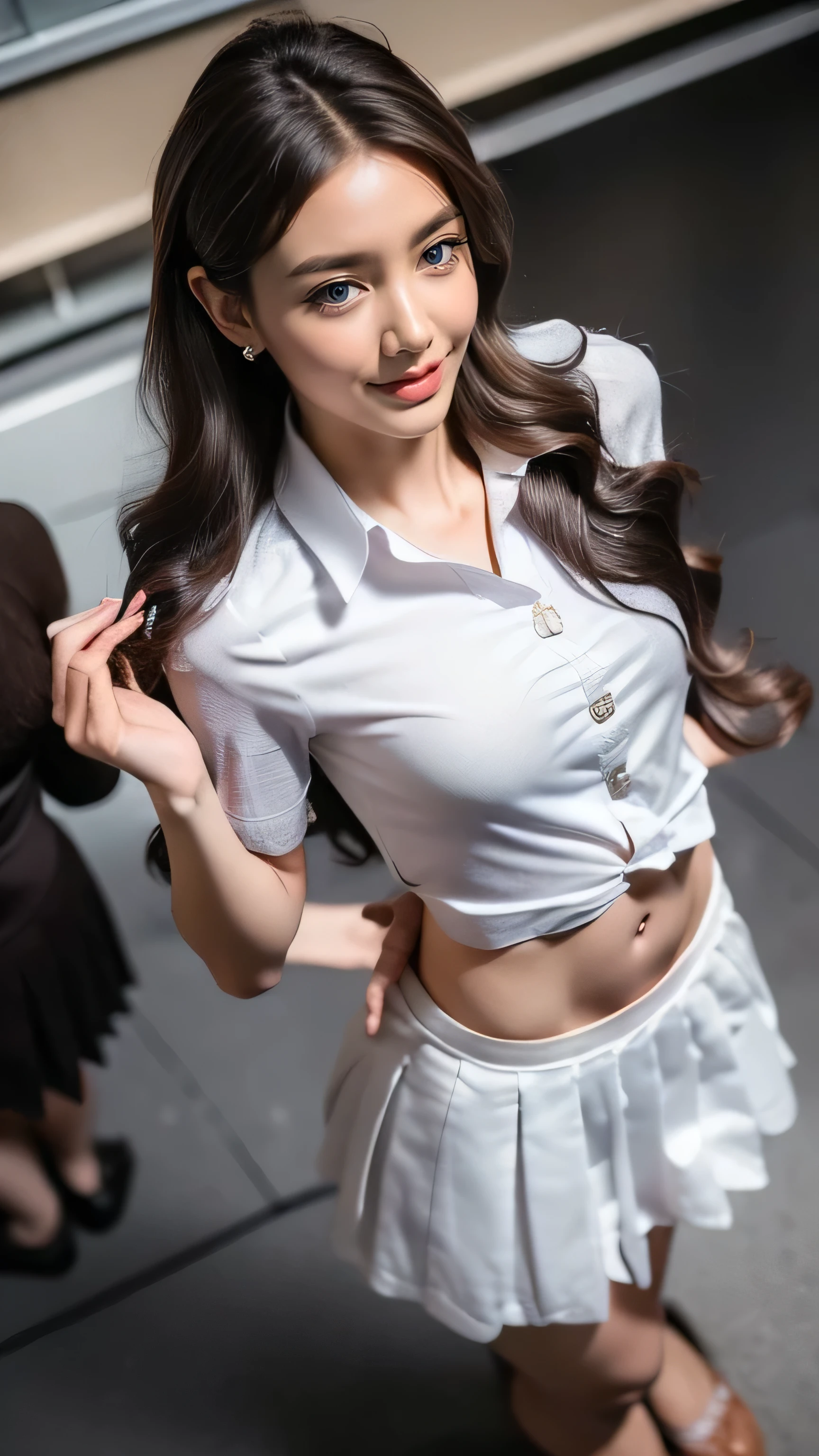 ((Beautiful girl:1.3)) (( School Uniform:1.4)) (( panchira :1.3)) (( High School)),((White Skirt:1.3)) ((is in the classroom:1.3)) ((thin_ fabric :1.4)) (( random sexy pose:1.3)) ((Blushing:1.4)) ((Medium sized breasts:1.4)) ((close-up:1.2)) Best Quality,masterpiece, ultra high resolution,( photorealistic:1.4), RAW Photos,( real skin texture:1.3),(film grain:1.3), panorama, character portrait ,Very wide shot, thin waist, Cowboy Shooting,( in the dark , deep shadow hidden in the shadows, discreet , Cold Light,) knight ,(()), Streaming Tears,,Dust, Tyndall effect,(Performance), 1 girl, beautiful detailed eyes and face , white jabo , Brown Eyes ,(( brown hair:1.2)) ((full body:1.3)) ((smile:1.3))((Super long brown hair reaching to her waist:1.4)),(( medium breasts))(((wearing intricately patterned shirt mini dress))((standing gracefully:1.6))((In the hustle and bustle of town:1.4))((Beckoning))((Hair with loose waves inside:1.4)),((From an oblique angle above:1.5)),