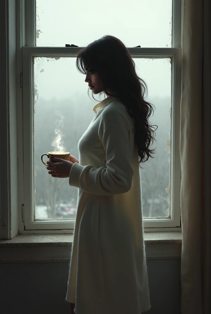 full body photo, beautiful woman originally from Indonesia, 20 years old, wearing open a very thin white shirt, no pants or bra, perfectly proportioned body, standing near the window, sad face, facing the window, raining outside, messy bed background, pose drinking coffee, real reflection of woman in window, hyperrealistic, photorealistic, ultra HD, detailed textures, full body, 8K image.