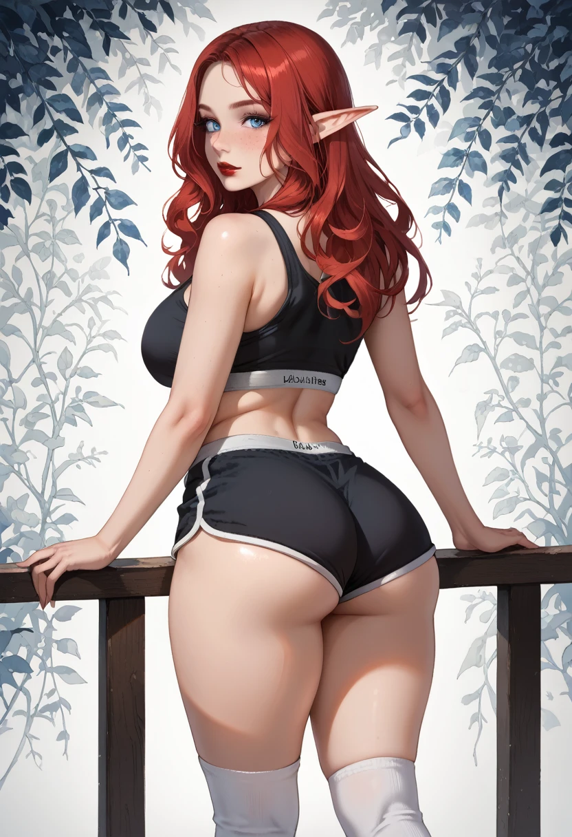 score_9, score_8_up, score_7_up, 1girl, Beautiful, Curvy, Tall, Mature, Medium Breasts: 1.3, (Elf Woman: 1.3), (Standing, legs spread wide, hand grabbing ass, on a balcony, overlooking a lake at night in the dark: 1.3), (Thicc Thighs, Big butt: 1.3), (Long Red Hair over one eye: 1.3), Blue Eyes: 1.3, has shine, double eyelids, detailed irises, (Black Sports Bra: 1.3), (Black  Booty_shorts: 1.3), (White Thigh High Socks: 1.3), Red lipstick: 1.3, hyper detailed, 16k, light and shadow on skin, vivid colors, Lustful Expression, perfect lips, sexy mature face, lots of freckles, full voluptuous pouty lips, extreme blush, Looking at Viewer, eyes half open, (Close-up: 1.0), (Back: 1.3), extremely detailed, ray tracing, RTX, high saturation, high contrast, photon mapping, (sharp image), (best quality), (detailed background), (intricate details),